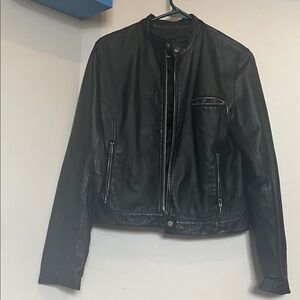 Womens Black Leather Zip-Front Moto Jacket